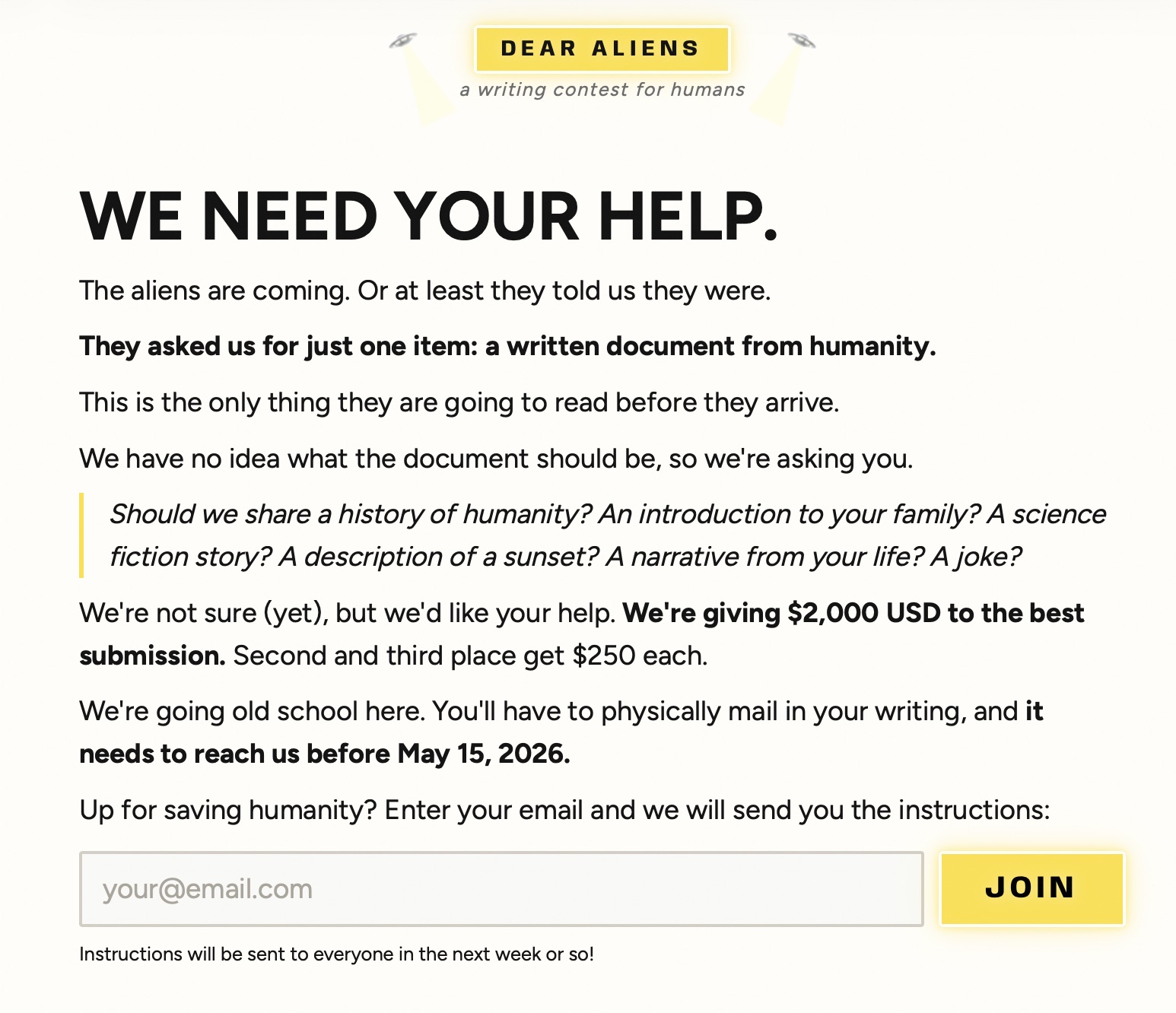 Dear Aliens: a writing contest for humans